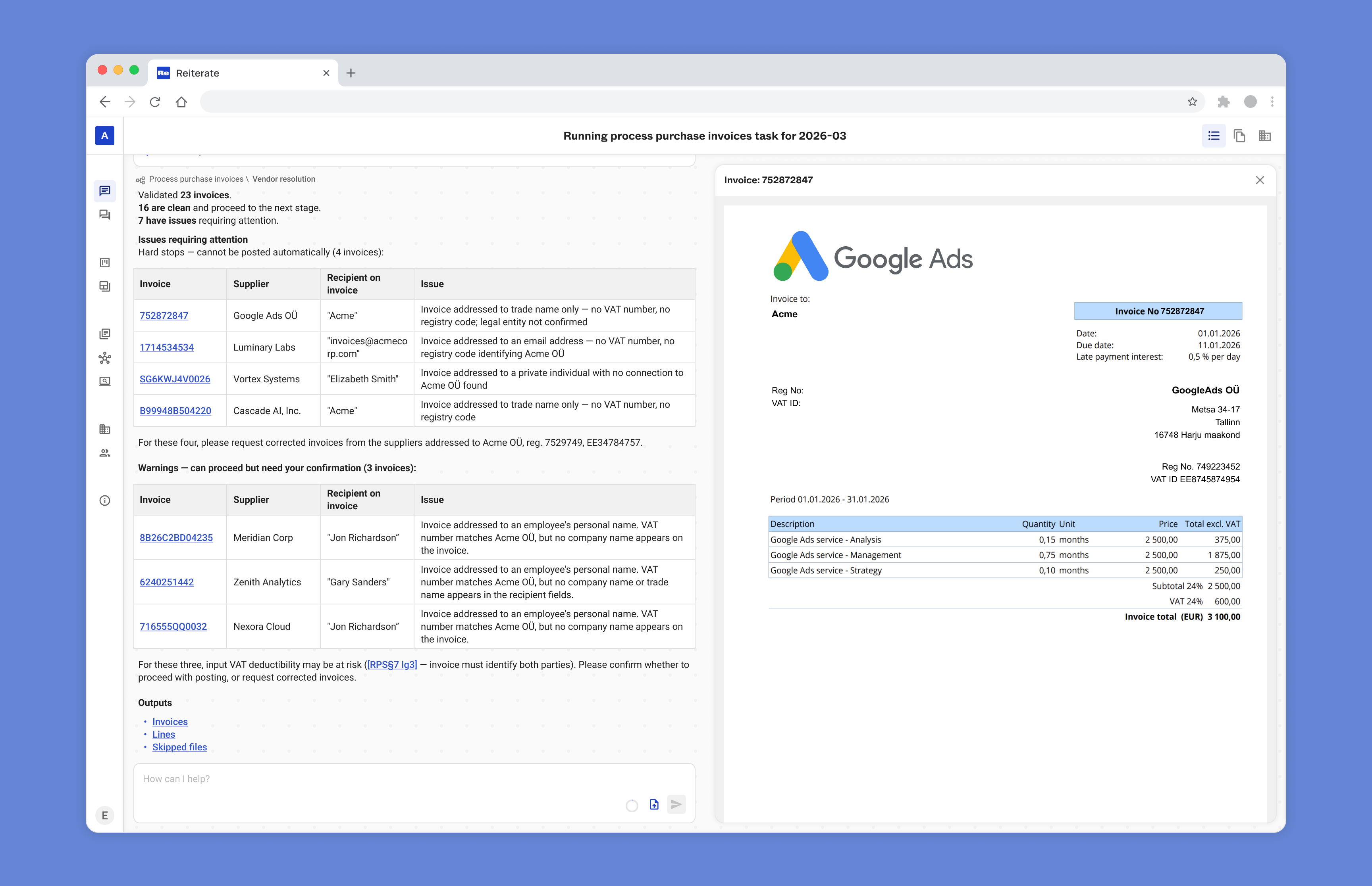 Reiterate invoice review interface with extracted issues next to source invoice